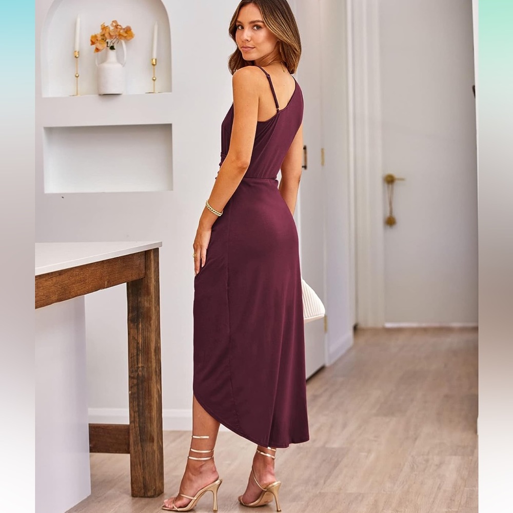 Women One Shoulder Spaghetti Strap Sleeveless Ruched Wrap Slit Sundresses - Picture 2 of 7
